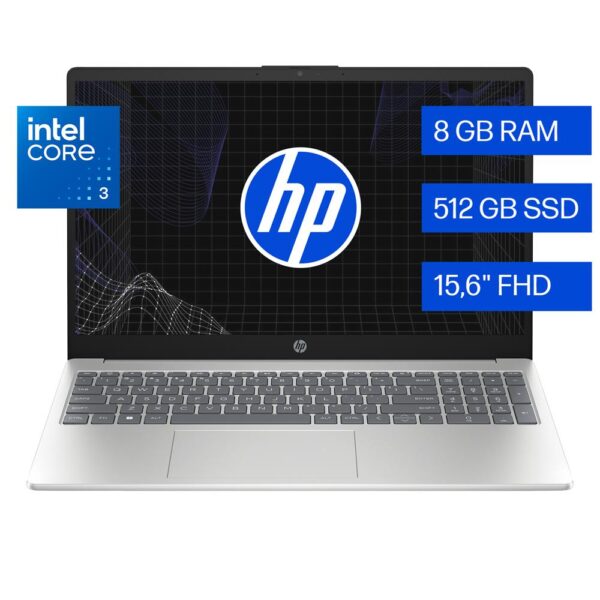 Laptop HP Notebook, 15.6 Pulgadas FHD, Intel Core 3-100U, 8GB RAM, 512GB Almacenamiento, Win11 Home, Color Plata, Teclado Español